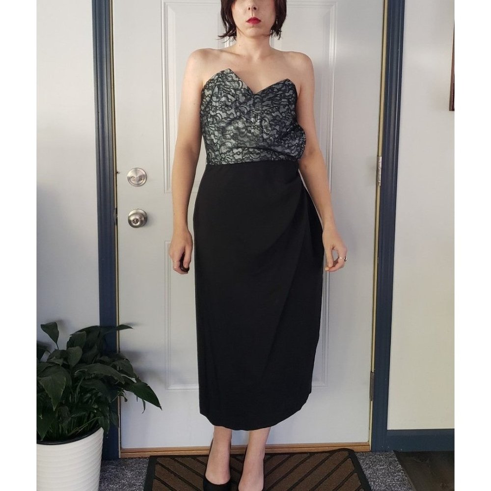 80s Black with Lace Strapless Party Dress